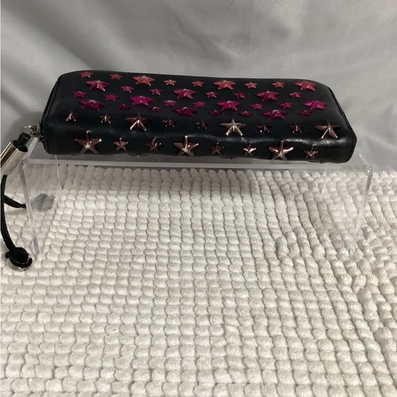 Jimmy Choo RARE Pink Star Studded Long Zippy Black Leather Wallet Clutch - Picture 8 of 15